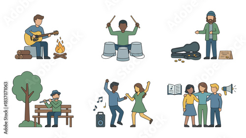 Diverse Group of People Enjoying Music and Community Stock Illustrations
