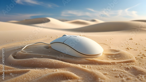 a mouse lying in a sand a image like a cover on pc