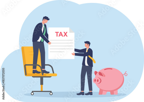 accounting or bills, wealth management or savings, businessman holding saving piggybank looking at tax bills.
