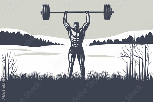 Muscular bodybuilder successfully lifting a heavy barbell overhead in a stylized outdoor landscape setting, showcasing strength and dedication to weight training and fitness