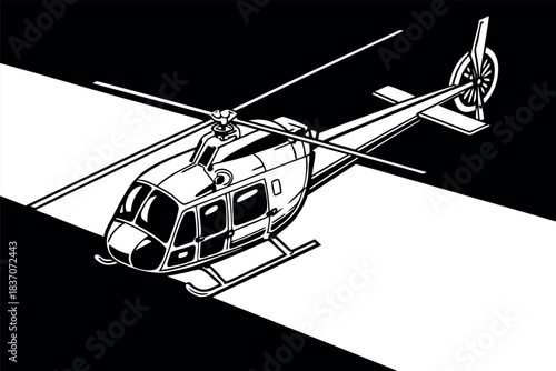Black and white line art illustration of a modern utility helicopter viewed from a slight angle, featuring a clean, highcontrast design against a stark background