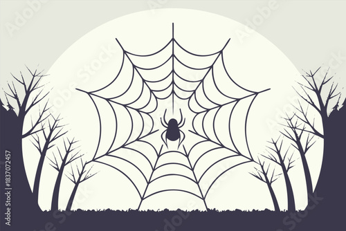 Silhouette of a spider hanging in the center of a large web against a pale full moon background, flanked by bare, spooky tree branches, perfect for a halloween theme