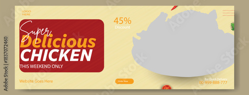 Super delicious roasted chicken served with fresh salad and vegetables on a plate with special offer text