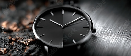 Wallpaper Mural Contrasting Dual-Textured Watch: Modern Timepiece Blending Rustic and Sleek Aesthetics in Black and Silver Tones Torontodigital.ca