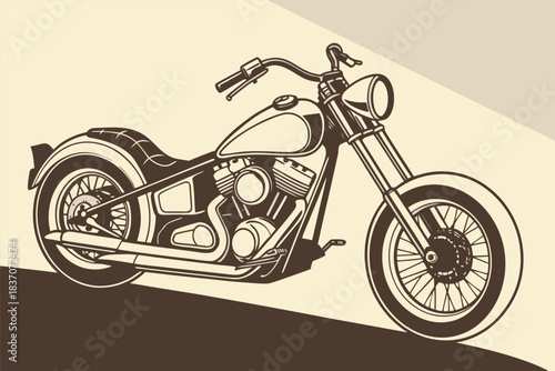 Vintage chopper motorcycle illustration in black and white style, depicting a classic custom cruiser bike with extended front forks and low rider stance, perfect for themes of freedom and road travel