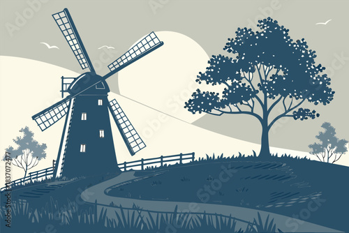Silhouette of a traditional dutch windmill standing on a grassy hill next to a large tree with a winding path leading towards it under a bright sky, rendered in a stylized, twotone graphic art style