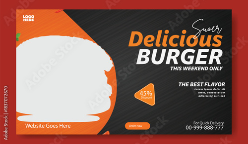 Delicious cheeseburger special offer with price on vibrant teal background for social media and advertising.
Juicy delicious burger with fresh ingredients and special offer advertisement for fast food