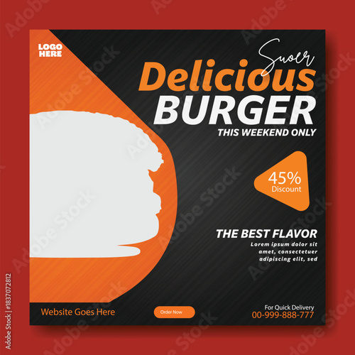 Delicious cheeseburger special offer with price on vibrant teal background for social media and advertising.
Juicy delicious burger with fresh ingredients and special offer advertisement for fast food