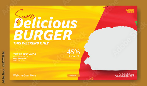 Delicious cheeseburger special offer with price on vibrant teal background for social media and advertising.
Juicy delicious burger with fresh ingredients and special offer advertisement for fast food