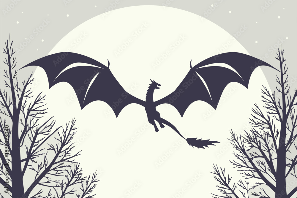 Naklejka premium Silhouette of a mythical dragon flying with wide open wings in front of a large pale moon, framed by dark, bare tree branches, creating a mysterious night scene