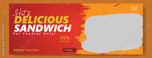 Delicious hot sandwich for foodies only with special offer on a vibrant red background