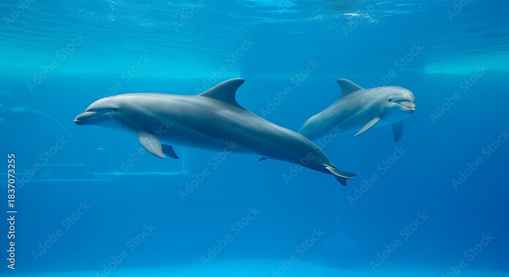 Fototapeta premium Two graceful dolphins swimming in clear blue underwater aquatic environment
