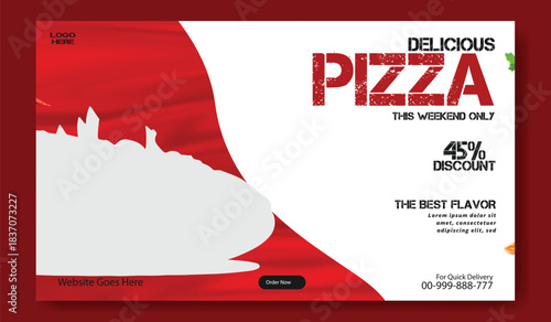 Delicious pizza special offer with 45 percent discount and best flavor text on a white background with red accents