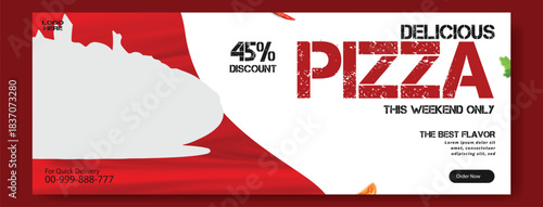 Delicious pizza special offer with 45 percent discount and best flavor text on a white background with red accents
