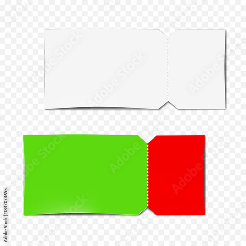 Blank paper tear-off ticket promotional card. White and color design. Realistic 3d vector mockup. Perforated promo flyer with detachable discount coupon. Mock-up. Easy editable template