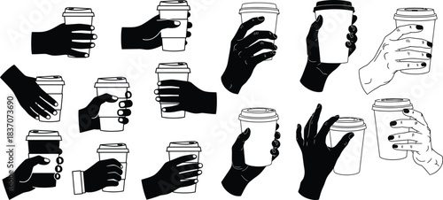 Collection of diverse hands holding takeaway coffee cups in various gestures