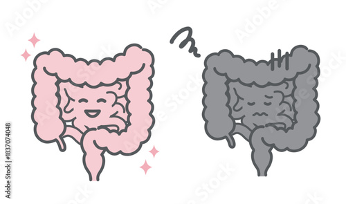 健康な腸と不調な腸の比較イラスト（キャラクター・便秘・過敏性腸症候群）