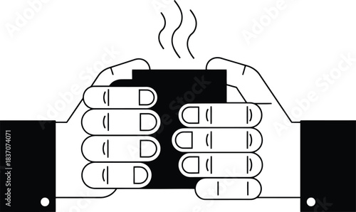 Hands holding a steaming hot cup of coffee or tea, minimal line art illustration