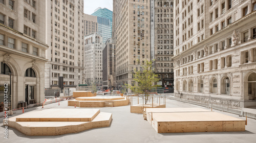 Fototapeta Naklejka Na Ścianę i Meble -  In a city square surrounded by grand buildings, a temporary art installation of wooden platforms and a small tree offers a contrast to the urban landscape.