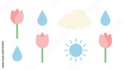 Spring Weather Icons Tulips Raindrops Sun and Cloud Vector Graphics for Seasonal Design