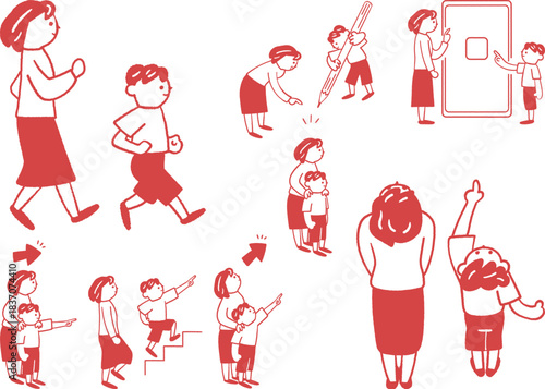 赤いラインで描かれた階段を上り未来を指さす親子と進行方向や視線誘導のアイコンセット