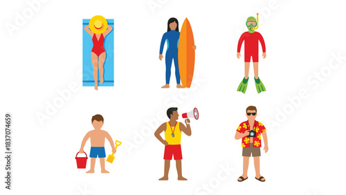 Summer Beach Vacation Icon Set Surfing Sunbathing Lifeguard Snorkeling Kid with Toys Tourist