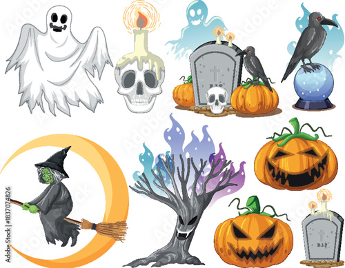 Spooky cartoon pumpkin candy witch hat vector
