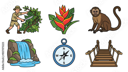 Jungle Adventure Icons Explorer Monkey Waterfall Flower Compass Bridge Vector Illustrations for Travel and Exploration