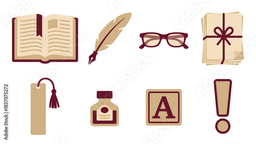 Vintage Literature Icons Set Open Book Quill Pen Glasses Stack of Papers Bookmark Inkwell Letter A Exclamation Mark Retro Writing Reading Symbols