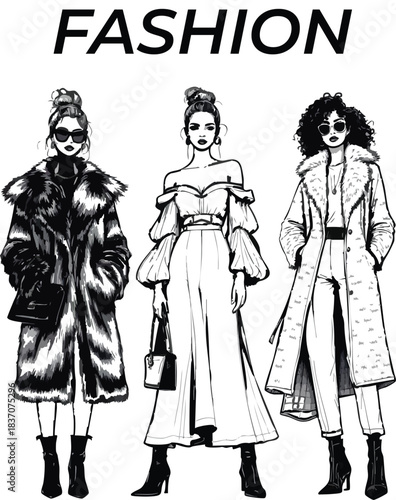 Black and white fashion illustration of three stylish figures with bold FASHION text in vector design