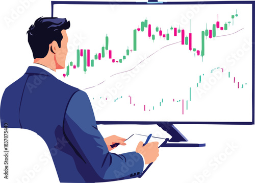 Business analyst reviewing candlestick chart on monitor with clipboard in financial vector illustration