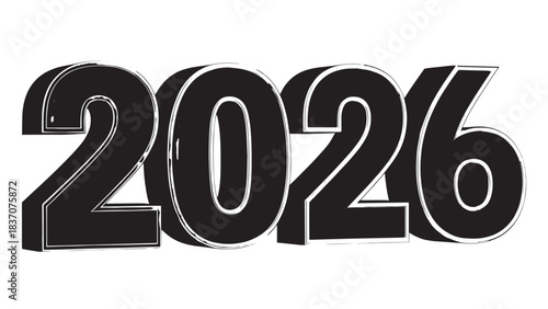 Stylized 2026 typography with bold black outline and white highlights for year design.
