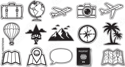 Collection of travel and adventure icons for tourism, vacation, exploration, global journey concepts, and discovery