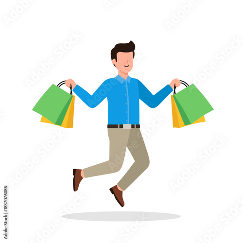 man with shopping bags, Happy Man Jumping While Holding Shopping Bags Flat Vector Illustration