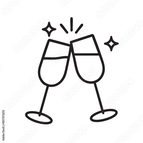 Celebratory toasting with two wine glasses illustrated in a simple black and white line art style with sparkling stars