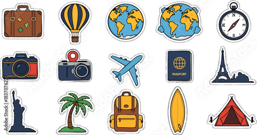 Colorful travel and adventure journey icons set with suitcase hot air balloon globe compass camera airplane passport landmarks