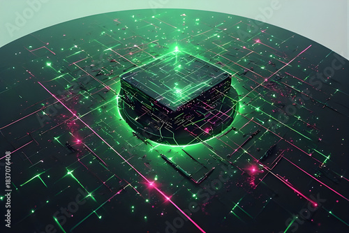 Glowing microchip on neon pink and green circuit platform in dark futuristic digital space.