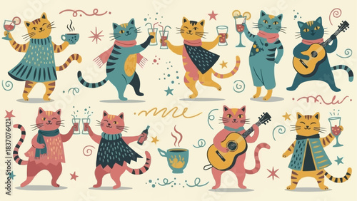 Festive cats celebrating with drinks and musical instruments in a joyful gathering.