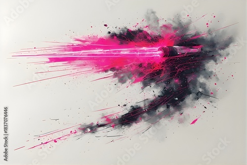Abstract explosion of bright pink and black streaks on white background, evoking speed and transformation.