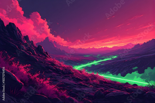 Glowing green river winding through surreal magenta valley under dramatic pink and purple sky.