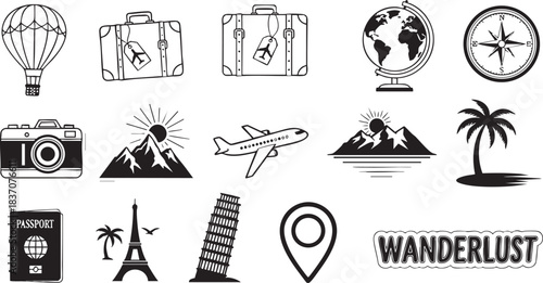 Monochrome travel and adventure icons set for vacation and tourism, featuring famous landmarks, transport, and navigation.