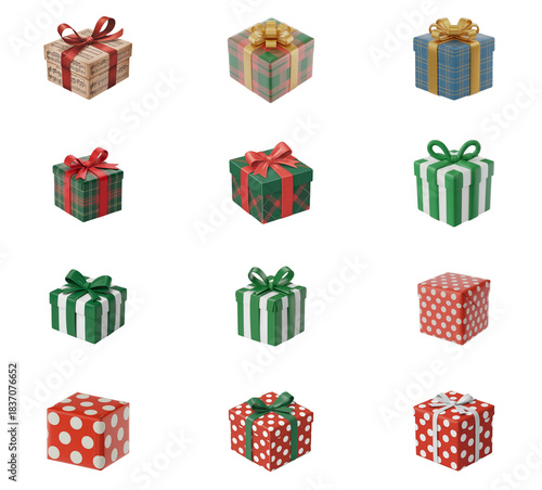 png set of icons depicting various colorful gift boxes with ribbons, symbolizing celebration and festive occasions.