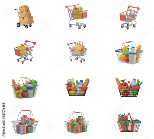 png set of icons in theme of shopping carts filled with groceries and gifts.