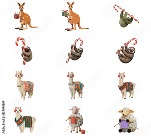 png set of icons in theme of kangaroos, sloths, llamas, and sheep carrying gifts and candy canes.