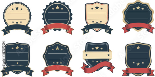 Vintage badges and labels vector collection. Set of retro emblems, seals, shields, and stamp designs with stars and ribbons, suitable for quality guarantee or award concepts.