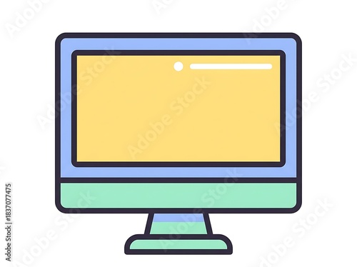 Minimalist flat design illustration of a desktop computer monitor with a blank yellow screen, representing technology, display, or digital work in a clean, modern icon style