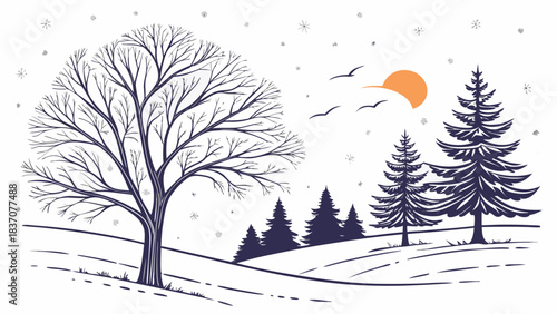 Winter Solstice Snowy Landscape Vector”