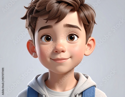 Boy cartoon a brown-haired kid, soft, clean animation style, gentle smile, big eyes, light background