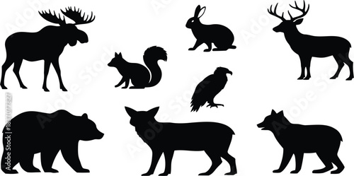 North american wildlife silhouettes including moose bear deer fox raven and squirrel