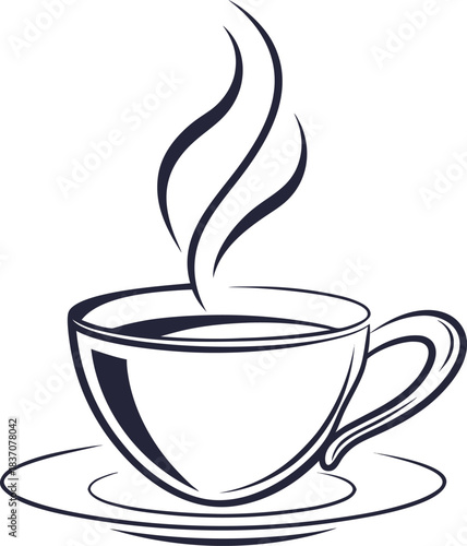 Monochrome illustration of a steaming hot coffee cup on a saucer in a simple modern style